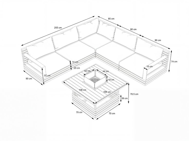 Dimensiones del producto - RN-1 M con mesa brasero de gas